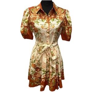 Flying Tomato Belted Dress Womens Small Orange Flower Print Puff Sleeve Buttons